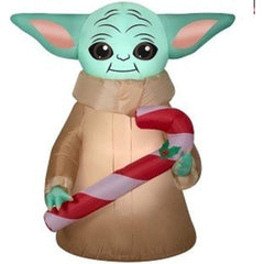 Gemmy Inflatables Inflatable Party Decorations 4 1/2' Star Wars Mandalorian Baby Yoda Child w/ Candy Cane by Gemmy Inflatables 118783 3 1/2' Disney Mandalorian Child Baby Yoda Candy Cane Gemmy Inflatables
