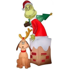 Gemmy Inflatables Inflatable Party Decorations 5 1/2' Grinch Holding Tree In Chimney w/ Max Scene by Gemmy Inflatables 781880204947 115105 5 1/2' Grinch Holding Tree In Chimney w/ Max Scene Gemmy Inflatables