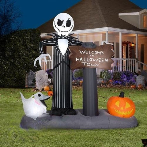 Gemmy Inflatables Inflatable Party Decorations 6' Jack Skellington & Zero "Welcome To Halloween Town" Sign by Gemmy Inflatables 781880239376 223089 6' Jack Skellington Zero Welcome Halloween Town Sign Gemmy Inflatables