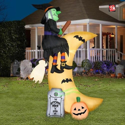Gemmy Inflatables Inflatable Party Decorations 7 1/2' Witch on Broom Over Moon w/ Tombstone and Pumpkin Scene by Gemmy Inflatable 781880241249 226406 7 1/2' Witch on Broom Over Moon w/ Tombstone and Pumpkin Scene