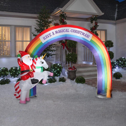 Gemmy Inflatables Inflatable Party Decorations 9.5' Mixed Media Christmas Santa on Unicorn w/ Rainbow Arch by Gemmy Inflatables 781880241119 118415 9.5' Christmas Santa Unicorn Rainbow Arch Gemmy Inflatables