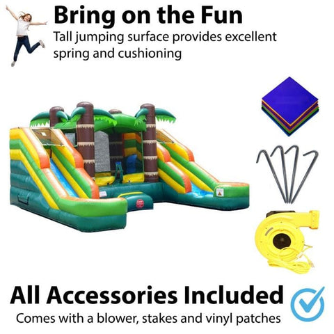 POGO Inflatable Bouncers 11'H Crossover Tropical Double Water Slide Bounce House with Blower, Backyard Party Package by POGO 11.5'H Crossover Rainbow Bounce House Side Slide Combo Blower