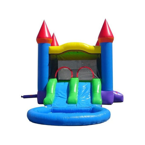 POGO Inflatable Bouncers 13.5'H Crossover Blue Rainbow Dual Lane Bounce House Slide with Pool with Blower, Backyard Party Package by POGO 13.5'H Crossover Tropical Dual Lane Bounce House Slide Pool Blower