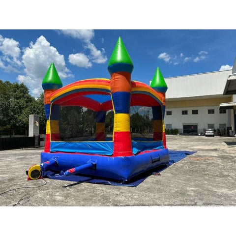 POGO Inflatable Bouncers 14.5'H Crossover Rainbow Smiley Face Castle Inflatable Bounce House with Blower by POGO 6166 14.5H Crossover Pink Smiley Castle Inflatable Bounce House Blower POGO