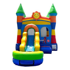 14.5'H Crossover Rainbow Castle Smiley Face Bounce House Slide Combo with Wet Pool Attachment by POGO