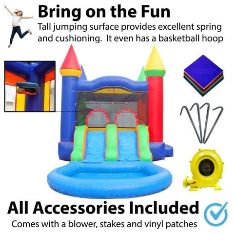 POGO Inflatable Bouncers Crossover Rainbow Dual Lane Bounce House Slide with Pool with Blower, Backyard Party Package by POGO 12.5' H Modular Tropical Bounce House with Blower and Jungle Art Panel