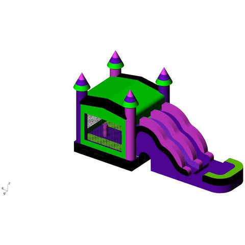 Rocket Inflatables bounce house 18.4'H 7-in-1 Double Lane Combo Wet/Dry with Water Slide, Inflated Pool and Basketball Hoop with Pop Ups – Black/Purple/Pink/Green by Rocket Inflatables 18.4'H 7-in-1 Barn Yard Double Lane Combo Wet/Dry with Water Slide, Inflated Pool and Basketball Hoop with Pop Ups SKU#COM-718-Barnyard