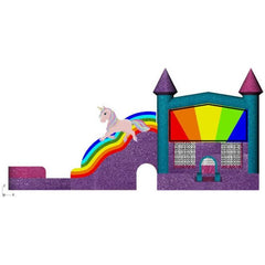 Unicorn 7-in-1 Double Lane Wet/Dry Glitter Rainbow Commercial Inflatable by Rocket Inflatables