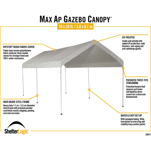 Shelterlogic Canopy Tent 6 Legs 10 x 20 ft. MaxAP Gazebo Canopy by Shelterlogic 677599260117 26011 6 Legs 10 x 20 ft. MaxAP Gazebo Canopy by Shelterlogic SKU# 26011